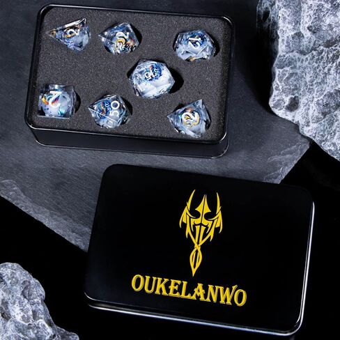 OUKELANWO Resin Sharp Edge DND Dice Set, Liquid Core Dice Set for Role Playing Game, 7pcs White Gold Polyhedral D and D Dice with Gift Box D20 D12 D10 D8 D6 D4 in Saudi Arabia