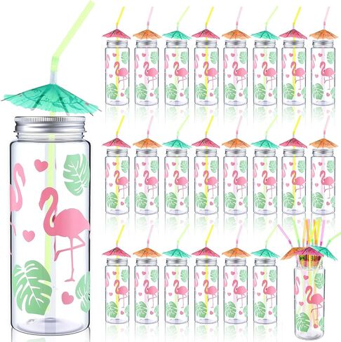 12 pcs 14 أوقية أكواب هاواي أكواب بلاستيكية فلامنغو مع الأغطية والقش ، tumblers الاستوائية القابلة لإعادة الاستخدام هاواي قش بلاستيك الفلورسنت مع مظلة لحفل الشاطئ الصيفي in Kuwait