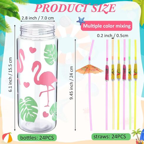 12 pcs 14 أوقية أكواب هاواي أكواب بلاستيكية فلامنغو مع الأغطية والقش ، tumblers الاستوائية القابلة لإعادة الاستخدام هاواي قش بلاستيك الفلورسنت مع مظلة لحفل الشاطئ الصيفي in Kuwait