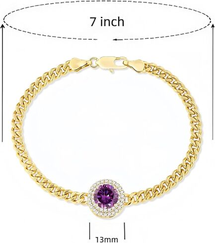 Gemsme Link Bracelet for Women 18K Yellow Gold Plated Birthstone Bracelet Cuban Link Chain Bracelets Cubic Zirconia Stone Hypoallergenic/ 7 Inch in Kuwait