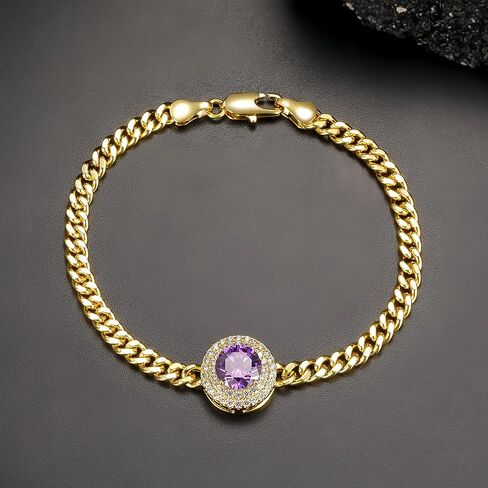 Gemsme Link Bracelet for Women 18K Yellow Gold Plated Birthstone Bracelet Cuban Link Chain Bracelets Cubic Zirconia Stone Hypoallergenic/ 7 Inch in Kuwait