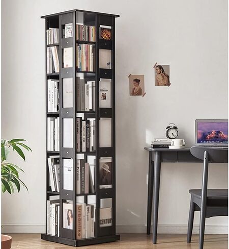 Solid Wood Bookshelf for Living Room Furniture Minimalist Household Floor Book Shelf Light Swivel Bookcase(Black) in Saudi Arabia
