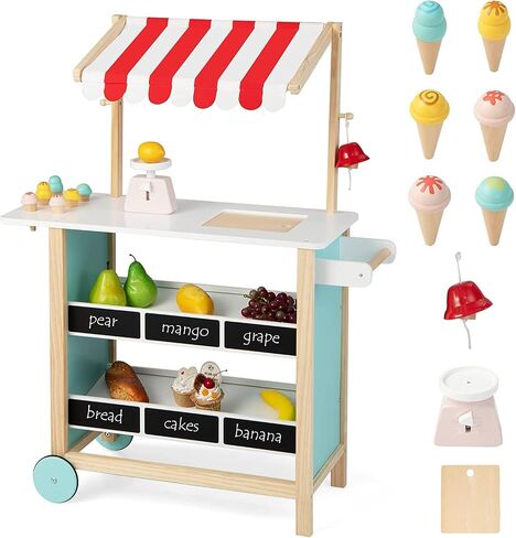 HONEY JOY Kids Ice Cream Cart, Wooden Grocery Store Playset w/6 Pieces Play Food, Realistic Bell & Food Scale, Chalkboard, Pretend Play Dessert Shop Counter Stand Truck, Gift for Boys Girls in Saudi Arabia