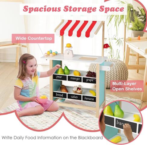 HONEY JOY Kids Ice Cream Cart, Wooden Grocery Store Playset w/6 Pieces Play Food, Realistic Bell & Food Scale, Chalkboard, Pretend Play Dessert Shop Counter Stand Truck, Gift for Boys Girls in Saudi Arabia