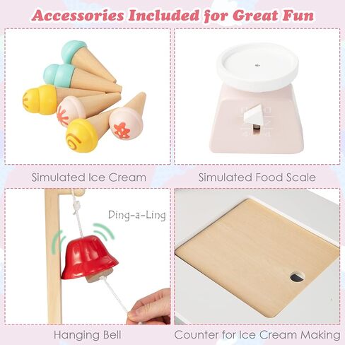 HONEY JOY Kids Ice Cream Cart, Wooden Grocery Store Playset w/6 Pieces Play Food, Realistic Bell & Food Scale, Chalkboard, Pretend Play Dessert Shop Counter Stand Truck, Gift for Boys Girls in Saudi Arabia