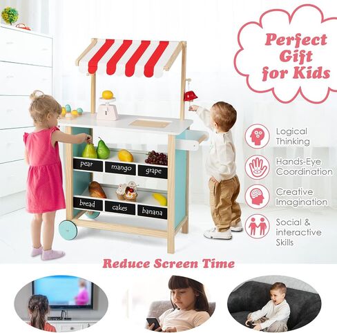 HONEY JOY Kids Ice Cream Cart, Wooden Grocery Store Playset w/6 Pieces Play Food, Realistic Bell & Food Scale, Chalkboard, Pretend Play Dessert Shop Counter Stand Truck, Gift for Boys Girls in Saudi Arabia