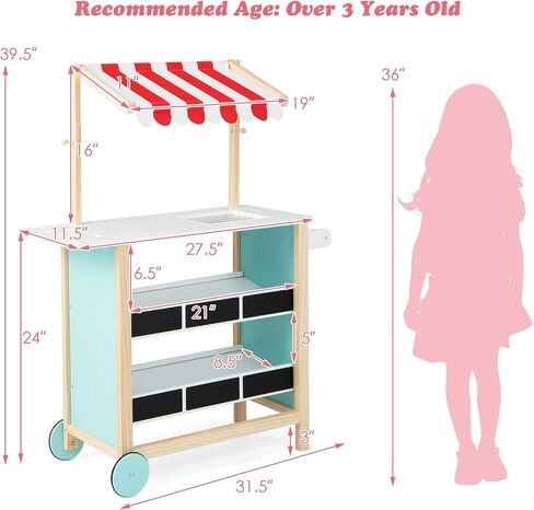 HONEY JOY Kids Ice Cream Cart, Wooden Grocery Store Playset w/6 Pieces Play Food, Realistic Bell & Food Scale, Chalkboard, Pretend Play Dessert Shop Counter Stand Truck, Gift for Boys Girls in Saudi Arabia