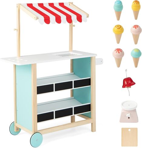HONEY JOY Kids Ice Cream Cart, Wooden Grocery Store Playset w/6 Pieces Play Food, Realistic Bell & Food Scale, Chalkboard, Pretend Play Dessert Shop Counter Stand Truck, Gift for Boys Girls in Saudi Arabia