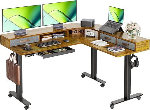 Claiks Dual Motor 63" L Shaped Standing Desk with Drawers, Electric Height Adjustable Standing Desk with Monitor Stand & Splice Board, Black Frame/Rustic Brown Top in Saudi Arabia