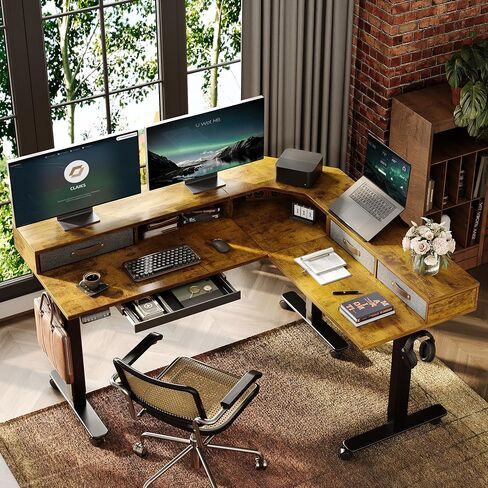 Claiks Dual Motor 63" L Shaped Standing Desk with Drawers, Electric Height Adjustable Standing Desk with Monitor Stand & Splice Board, Black Frame/Rustic Brown Top in Saudi Arabia