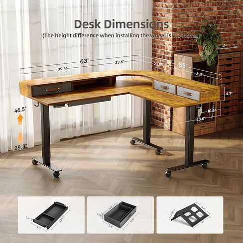 Claiks Dual Motor 63" L Shaped Standing Desk with Drawers, Electric Height Adjustable Standing Desk with Monitor Stand & Splice Board, Black Frame/Rustic Brown Top in Saudi Arabia