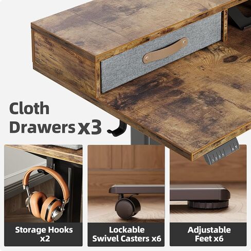 Claiks Dual Motor 63" L Shaped Standing Desk with Drawers, Electric Height Adjustable Standing Desk with Monitor Stand & Splice Board, Black Frame/Rustic Brown Top in Saudi Arabia