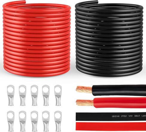 6 سلك قياس 6 سلك AWG، كابل بطارية 6 قياس 20 قدم أسود + 20 قدم أحمر سلك بحري 6 قياس، كابل لحام أسلاك نحاسية 6 قياس قياسي مع موصلات طرفية لعروات الأسلاك وأنبوب الانكماش الحراري in Kuwait