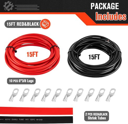 6 سلك قياس 6 سلك AWG، كابل بطارية 6 قياس 20 قدم أسود + 20 قدم أحمر سلك بحري 6 قياس، كابل لحام أسلاك نحاسية 6 قياس قياسي مع موصلات طرفية لعروات الأسلاك وأنبوب الانكماش الحراري in Kuwait