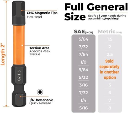 Impact Hex Head Allen Wrench Drill Bit Set 20pcs (Metric&SAE), 1/4" Hex-Shank S2 Steel Hex Bits Set, CNC Machined Tips with Magnetism, 2'' Long with Storage Box in Saudi Arabia