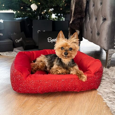 Pet Bed, Sparkling Rhinestones, Soft, Comfortable Velvet, for Lounging Dogs, Cats, Pets, Red, Small, Sold Individually in Saudi Arabia
