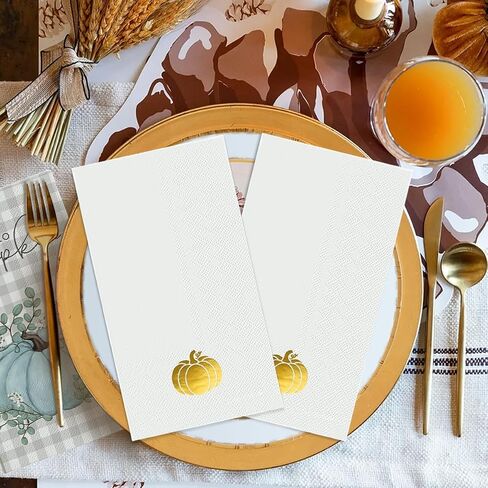 Horaldaily 100 Fall Disposable Paper Decorative Guest Napkins, Thanksgiving Autumn Harvest Gold Foil Pumpkin Hand Towel for Party Lunch Dinner Kitchen Bathroom in Saudi Arabia