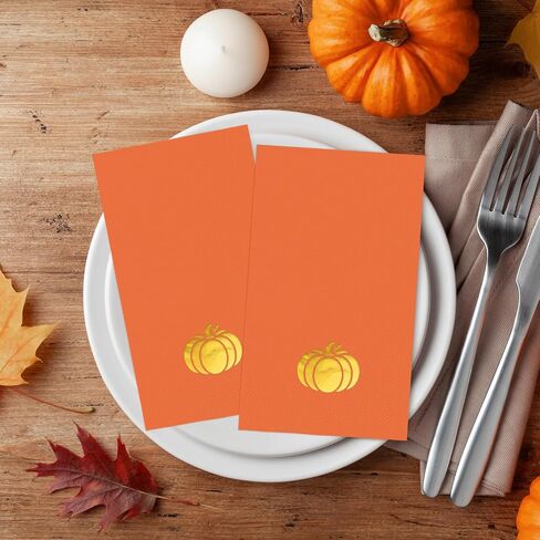 Horaldaily 100 Fall Disposable Paper Decorative Guest Napkins, Thanksgiving Autumn Harvest Gold Foil Pumpkin Hand Towel for Party Lunch Dinner Kitchen Bathroom in Saudi Arabia