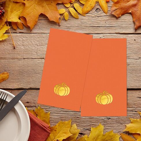 Horaldaily 100 Fall Disposable Paper Decorative Guest Napkins, Thanksgiving Autumn Harvest Gold Foil Pumpkin Hand Towel for Party Lunch Dinner Kitchen Bathroom in Saudi Arabia
