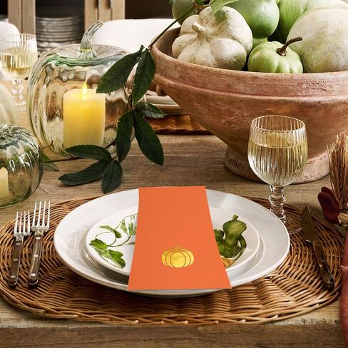 Horaldaily 100 Fall Disposable Paper Decorative Guest Napkins, Thanksgiving Autumn Harvest Gold Foil Pumpkin Hand Towel for Party Lunch Dinner Kitchen Bathroom in Saudi Arabia