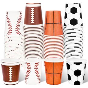 Whaline 100Pcs Sports Theme Disposable Cups 9oz Football Baseball Basketball Soccer Paper Cups Ball Game Party Cups Drinkware Supplies for Hot Cold Drinks, 4 Designs