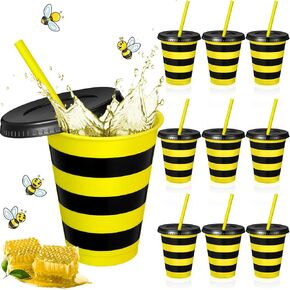 Skylety 10 Pcs Bee Party Decoration Plastic Cups with Lids and Straws Reusable 16 oz Honey Bee Party Cups Drinking Tumbler Black and Yellow Party Favors for Birthday Baby Shower Table Decoration