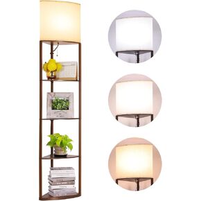 Floor Lamp with Shelves, Sector Corner Shelf Lamp with 3 Color Temperature Bulb, with Linen Lampshade Bookshelf Corner Display Lamp for Living Room, Bedroom and Office(Black)
