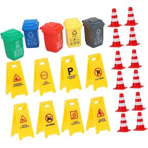 Wakauto 25Pcs Traffic Signs Playset for Includes Road Signs Traffic Cones Trash Bins for Early Transportation Education Themed Parties