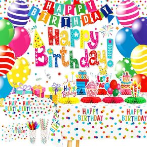 Happy Birthday Decorations- 170pcs Birthday Party Supplies Kit with Colorful Honeycomb Centerpieces for Tables, Banner, Birthday Backdrop Cloth, Disposable Tableware Kit for Boys Girls, Serves 20
