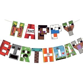 Pixel Happy Birthday Banner Miner Theme Birthday Party Decorations Blast Gaming Letters Signs Pennant Party Supplies for Boys Girls