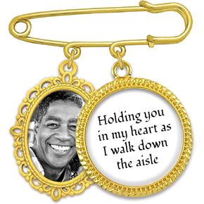 Gold Wedding Bouquet Memorial Photo Charm Pin Holding You in my Heart as I walk Down the Aisle Add Your Own Photo