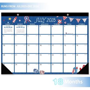 Desk Calendar 2025-2026, 18 Months Academic Calendar, Jul. 2025 - Dec. 2026, 17" × 12" Desktop Calendar with Julian Date, Corner Protectors, Thick Paper for Home Office