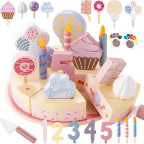 Birthday Party Cake Toys, Wooden Play Food Set for Kids Toddlers, Play Kitchen Toys for Boys Girls, Educational Toys