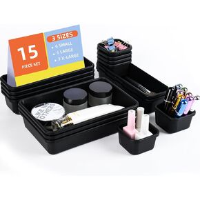 15 Piece Drawer Organizer Set, 3 Size Interlocking Plastic Storage Bins for Office Supplies, Jewelry Makeup Vanity, Bathroom Kitchen, Home Organization Closet, Gadgets Small Items, Black