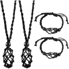 4 PCS Crystal Cage Necklace and Bracelet Cord Holder, Empty Stone Holder Replacement Empty Necklace Stand with Adjustable Length Hand-Woven Cord for DIY Jewelry Making (Black)