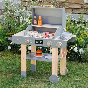 Wooden Kids Grill Playset – Realistic Play Barbecue Set with Grilling Tools and Foods – Pretend Grill Toy for Kids Ages 3+