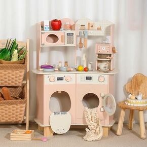 Play Kitchen for Kids Toddlers, Wooden Kids Play Kitchen Playset with Food & Cookware Accessories, Toy Kitchen Set, Modern Style Toy Kitchen for Girls & Boys, Gift for Ages 3+, Pink