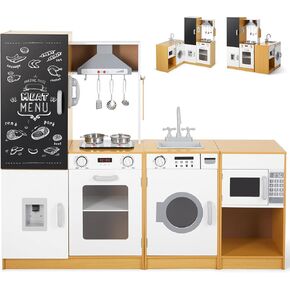 JOYLDIAS Kids Play Kitchen Set, Wooden Free Combination & Movable Pretend Toddler Kitchen Toy with Real Sound and Light, Ice Maker, Oven,Washer,Blackboard and Cookware Accessories for Age 3+ Toddlers