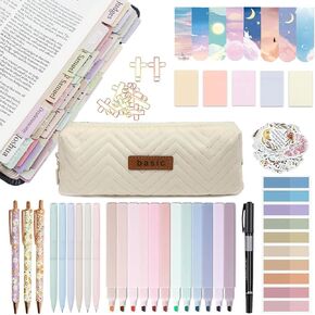 ITAWIXS Beige Bible Study Supplies Journaling Kit with Tabs and Highlighter, Pen Case, Bookmark, Annotation kit, Study Group Essentials Accessories for Women Students Christian Gifts