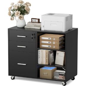 YESHOMY Wood Lateral File Cabinets with Lock, 3 Drawers Filing Organization Storage with 4 Wheels & Adjustable Shelves, Printer Stand for Home Office, Dark Black