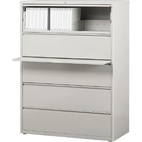 Lorell Fortress Locking Metal Lateral File Cabinet, 4-Drawer with Roll-Out Shelf, 18.6" x 42" x 67.7", Light Gray