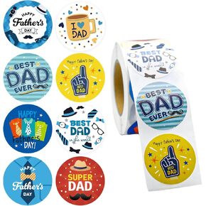 500PCS Father's Day Round Stickers, 8 Designs Roll Decals Happy Fathers Day Beard Hat Best Dad Bouquet Gift Adhesive Labels for Craft DIY Greeting Card Gift Candy Cookie Bags Decor, 1.5In