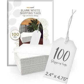 Performore 100-Pack Manila Shipping Tags with Elastic String, 4 x 2 Inches – Blank Labeling Tags for Shipping, Gift Tags, Price Tags, Bag Tags – Durable White Paper Tags