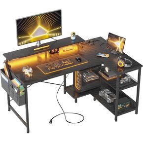 Casaottima 48 Inch L Shaped Gaming Desk with Storage Shelves & Monitor Stand, Reversible Corner Desk with USB Charging Ports and LED Lights, Computer Gamer Desk Table for Home Office, Black