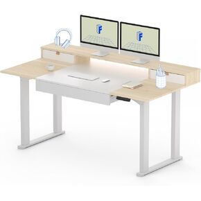 FLEXISPOT 4-Leg Standing Desk with Storage 63x32 in Electric Adjustable Height with 3 Drawers & Shelving Home Office Workstation (White + Maple Top)