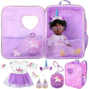 Wettarn 18 Inch Doll Carrier Set with Clothes and Accessories Including Doll Travel Bag, Dress, Shoes, Sunglasses, Backpack and Unicorn for Unicorn Birthday Gift(Purple)