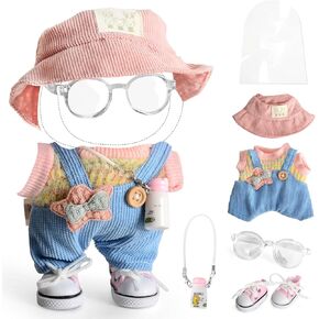 7 Pcs Clothes for Popular Dolls - 17cm - Pink Sweater + Overall + Pink Hat + Glasses + Shoes + Kettle + Rainproof Bag- Premium Doll Outfit Accessories for Play & Display (No Doll)