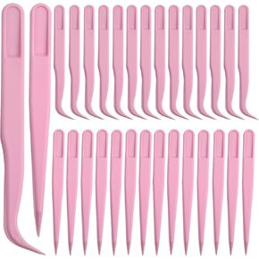 30pcs Plastic Tweezers for Crafts & Kids - Bulk Pack, Straight/Bent/Curved Tweezers Set for DIY Jewelry, Beads, Cake Decorating, Classroom - Includes Stickers