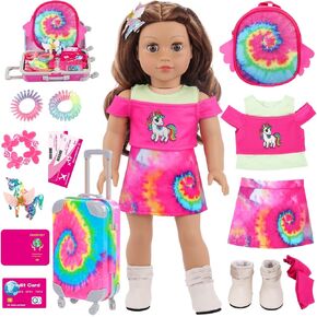 Ecore Fun American 18 Inch Doll Clothes and Accessories, 16 Pcs Girl Doll Clothes and Suitcase Travel Set- Luggage Short Sleeves Skirts Hairband Bag ect (No Dolls)