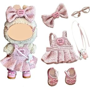 Doll Clothes & Dress Outfit Set Compatible with 17cm Dolls, 5pcs Set, Premium 6.7inches Doll Accessories, Luxury Pink Dress/Bow Headband/Shoes/Bunny Bag/Glasses Set (Doll not Included)